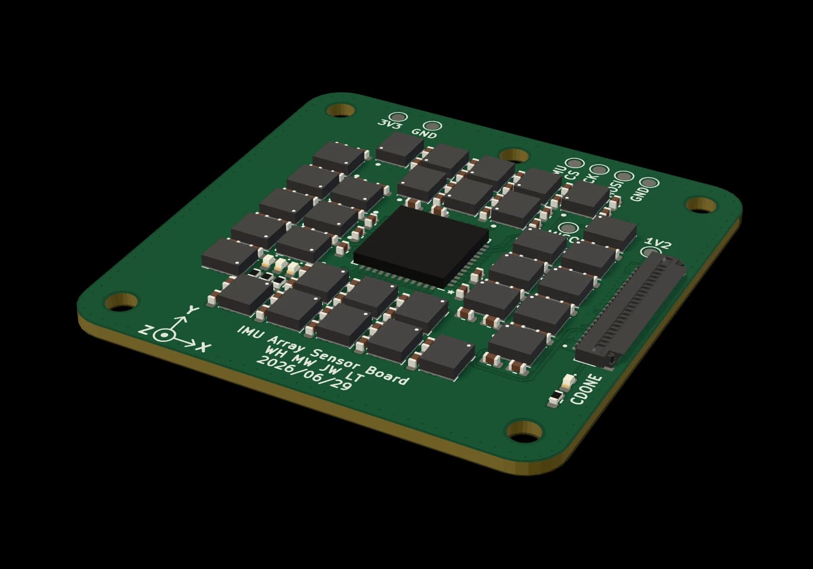 The VibeWatch sensor board: a 36 mm square circuit board carrying a grid of 32 small black motion sensors around a central chip.