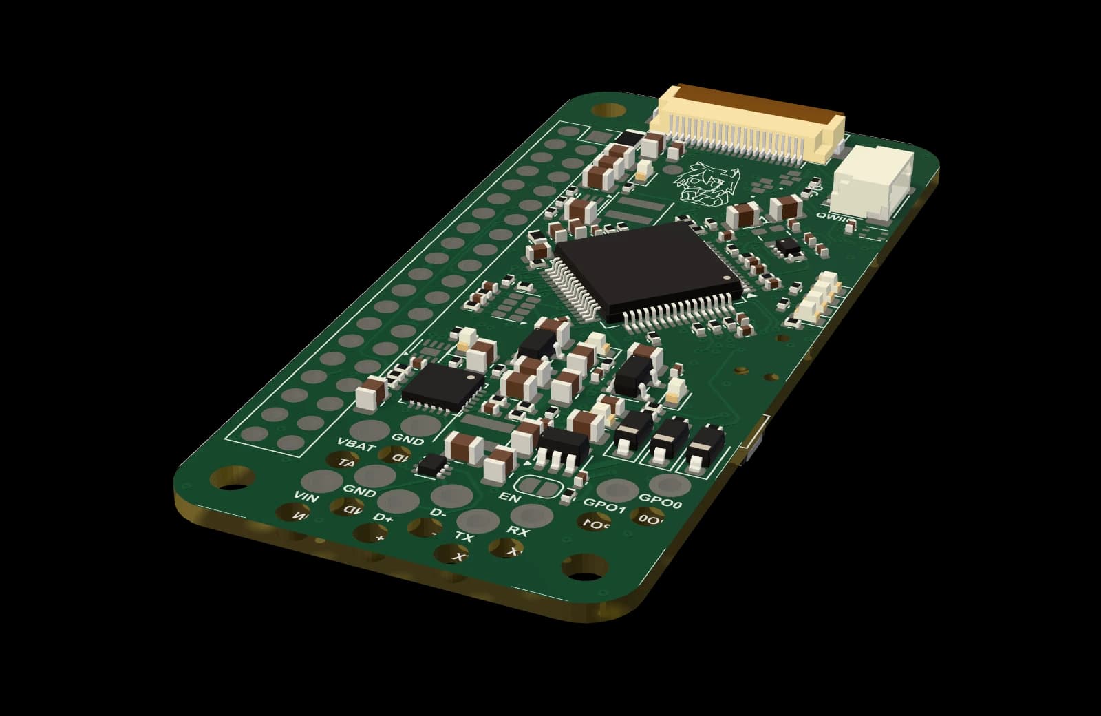 The carrier board at an angle: a square microcontroller, power components and a flat-cable connector.