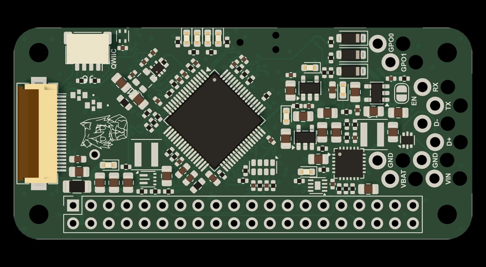 The carrier board from above: a square microcontroller in the middle, power parts to one side, a flat-cable connector at one end and a row of header pins along the edge.