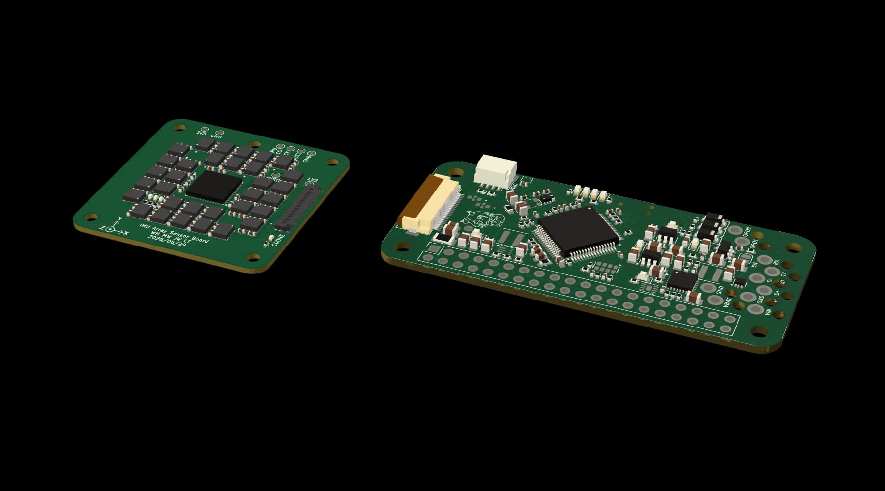 The two VibeWatch boards side by side: the square sensor board with its grid of 32 sensors, and the longer carrier board.